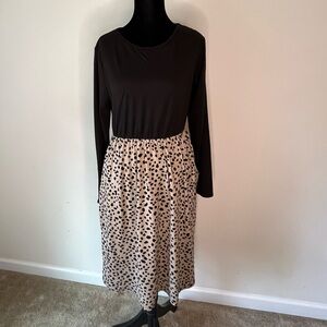 Perfect Peach Long Sleeve Dress Black Bodice & Speckled Tan Skirt with Pockets L